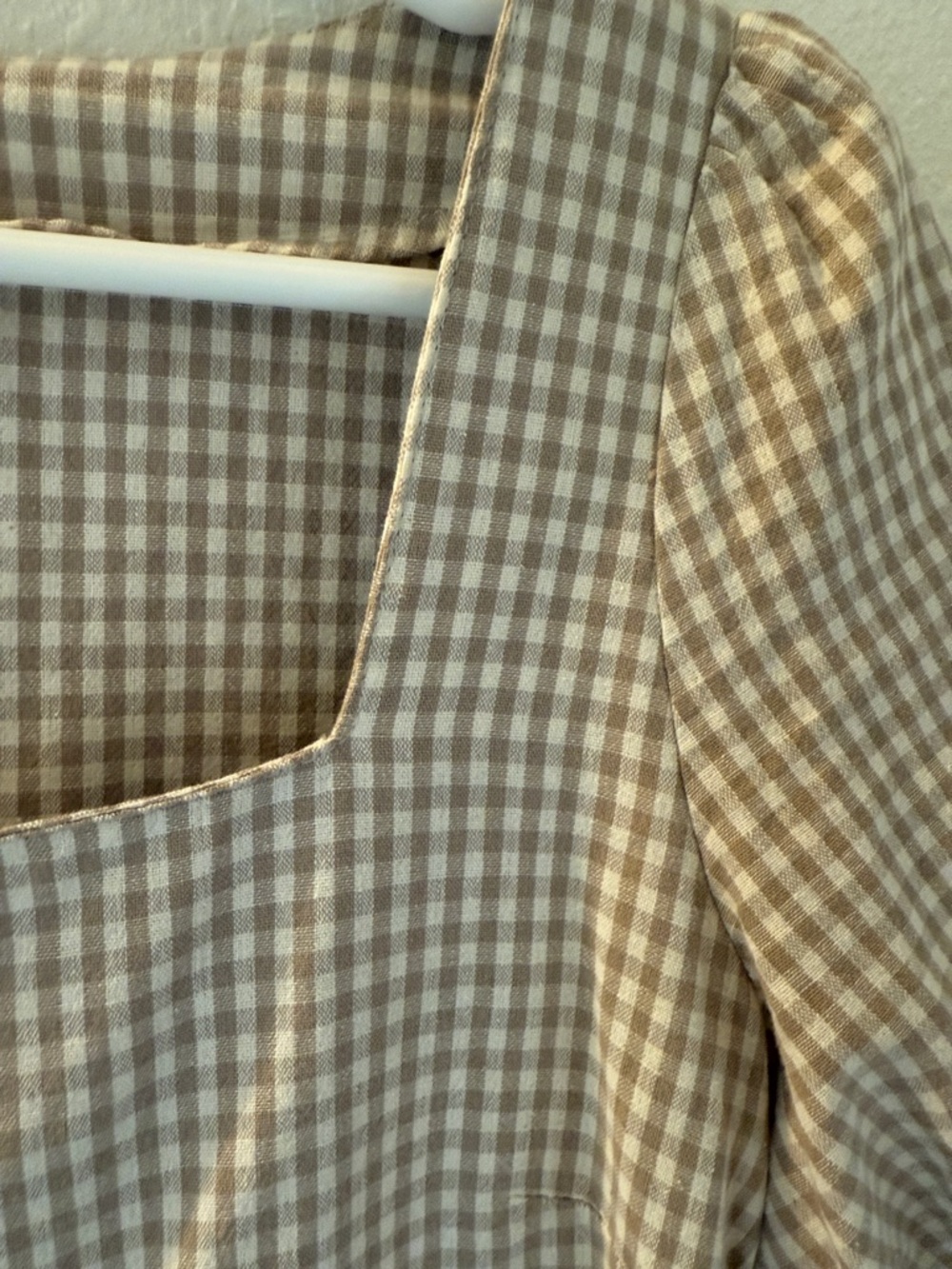 Mod Ref Beige Gingham Puff Sleeve Babydoll Dress - Picture 3 of 4